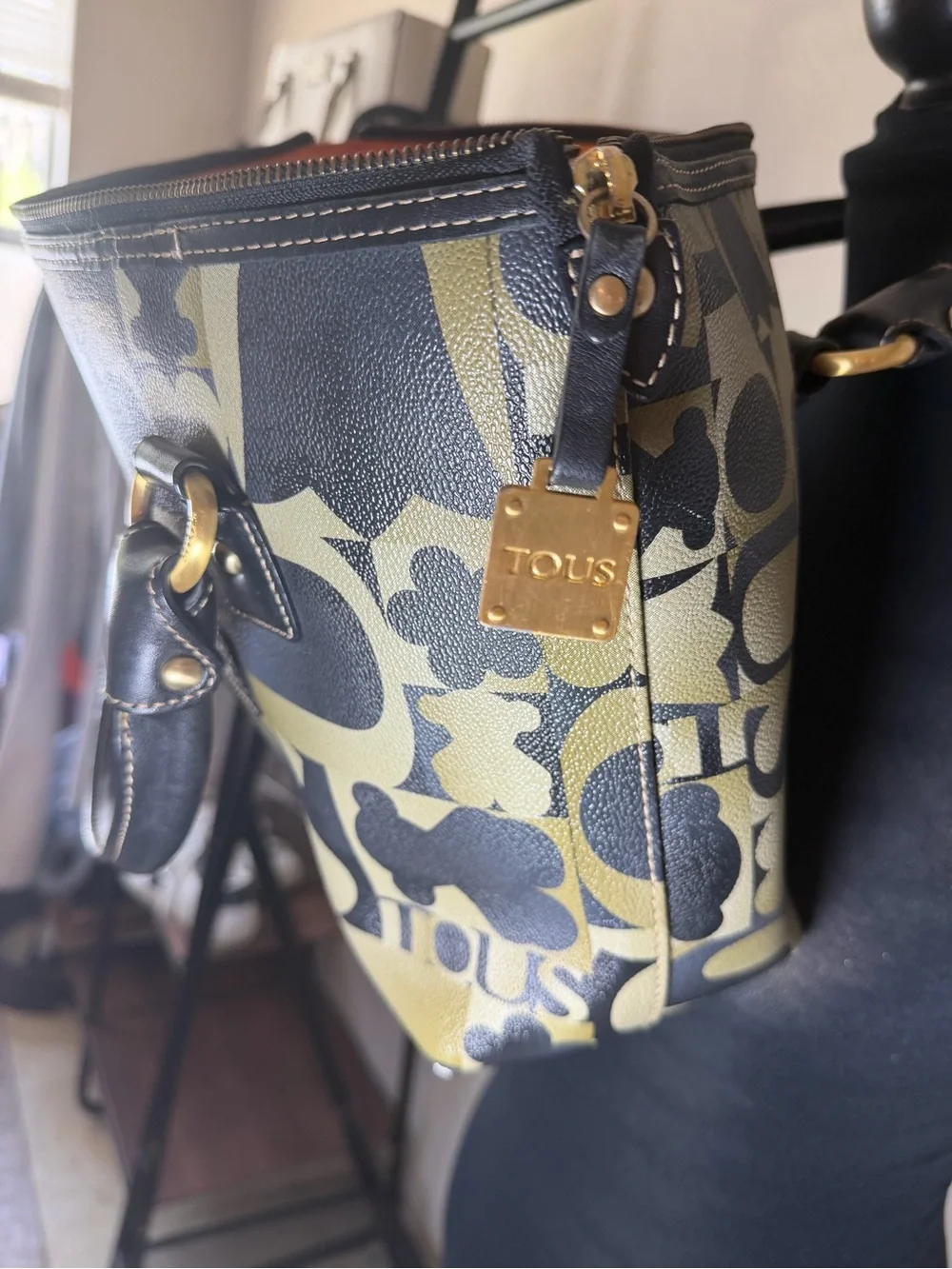 TOUS Olive Green and Black Teddy Bear Logo-Print Satchel with Gold Hardware